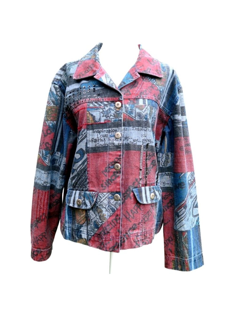 Chicos Embellished Patchwork Denim Jacket With Beads & Pockets Size 1 Medium